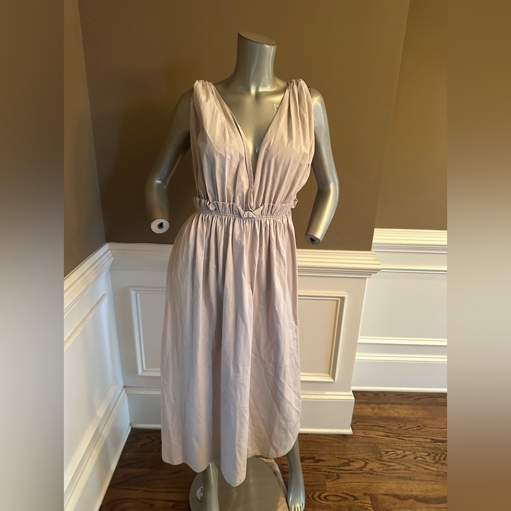 NWT ZARA Midi A-Line V-Neck Runched Dress Sz S Taupe